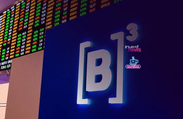 Logo B3 (bolsa de valores) em neon azul, com painel de cotações de ações ao fundo.