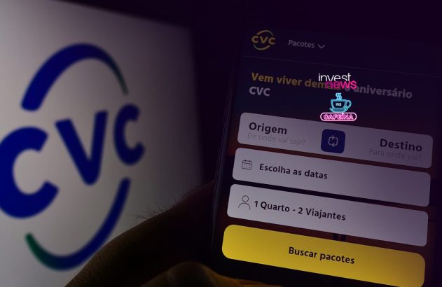 Logo CVC e tela digital com formulário de cadastro ou login no app da CVC.