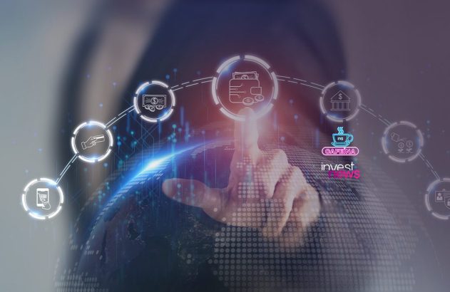 Mão interagindo com ícones de finanças digitais sobre um globo, representando transações e segurança global.