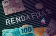 Notas e moeda brasileiras com letras "RENDA FIXA%". Inclui logo "CAFÉNA invest news".