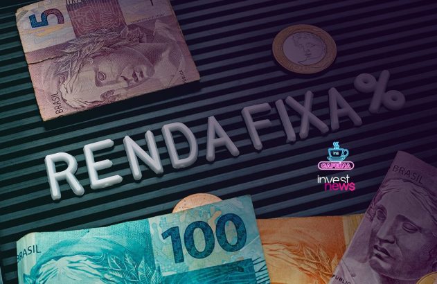 Notas e moeda brasileiras com letras "RENDA FIXA%". Inclui logo "CAFÉNA invest news".