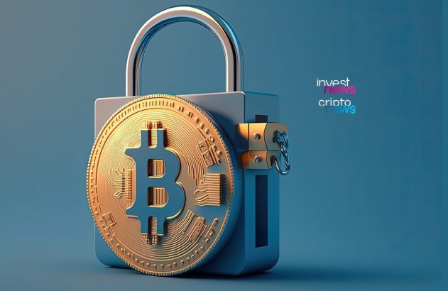 Cadeado com símbolo do Bitcoin, representando segurança em criptomoedas.