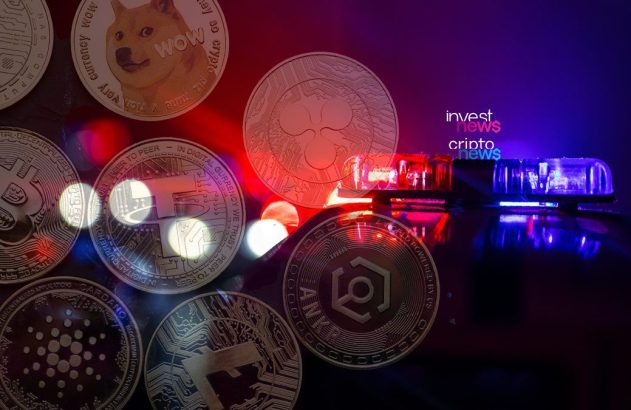 Moedas de cripto em destaque. Fundo com luzes borradas vermelhas, azuis e roxas.