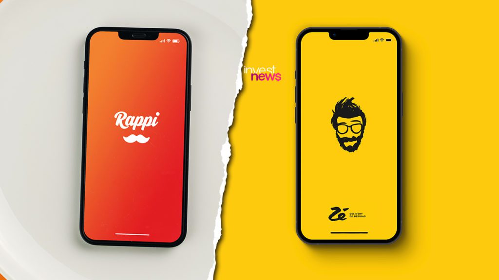 Dois smartphones exibindo os apps Rappi (fundo laranja) e Zé Delivery (fundo amarelo), divididos por papel rasgado.