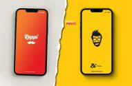 Dois smartphones exibindo os apps Rappi (fundo laranja) e Zé Delivery (fundo amarelo), divididos por papel rasgado.