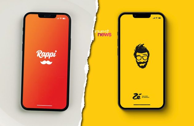 Dois smartphones exibindo os apps Rappi (fundo laranja) e Zé Delivery (fundo amarelo), divididos por papel rasgado.