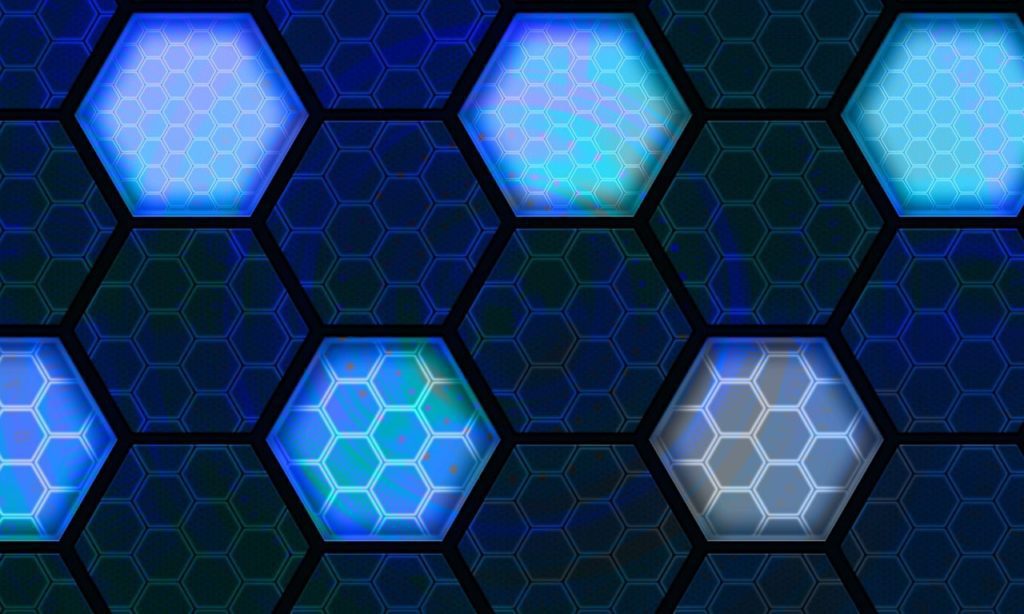 Padrão hexagonal digital azul com algumas células iluminadas.