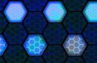 Padrão hexagonal digital azul com algumas células iluminadas.