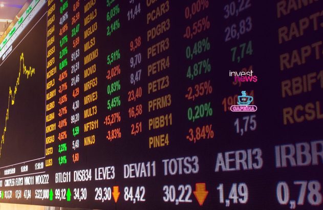 Tela digital de bolsa de valores com cotações de ações em alta (verde) e baixa (vermelho).