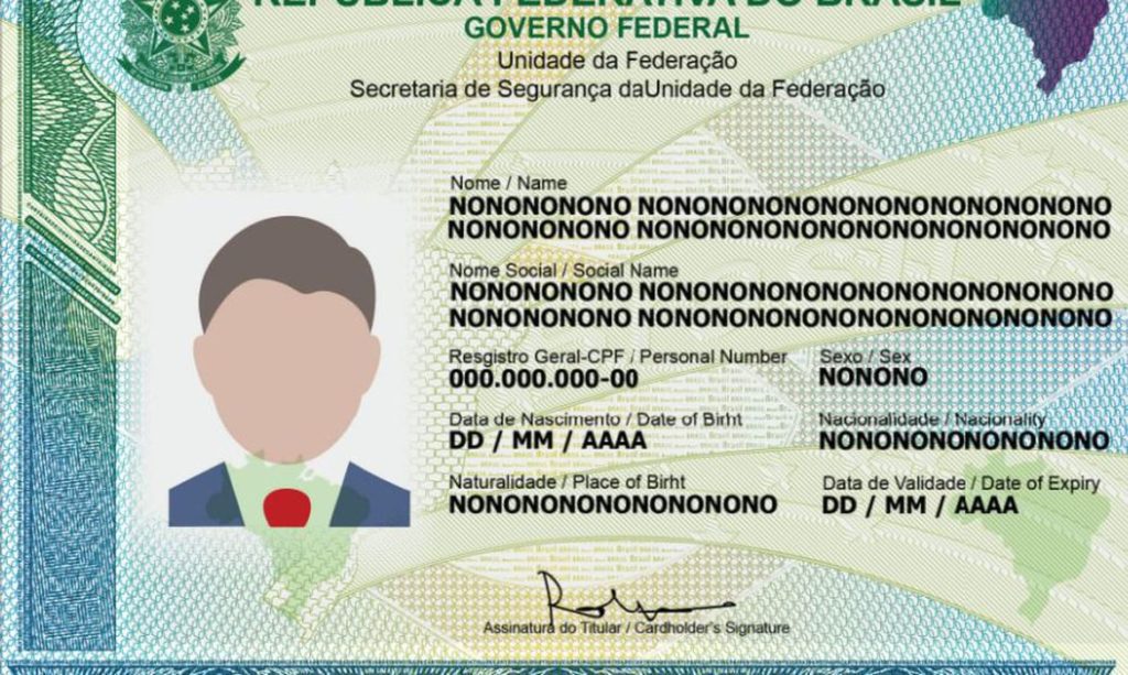 Modelo de carteira de identidade (RG) brasileira com campos de texto e numéricos preenchidos com dados genéricos.