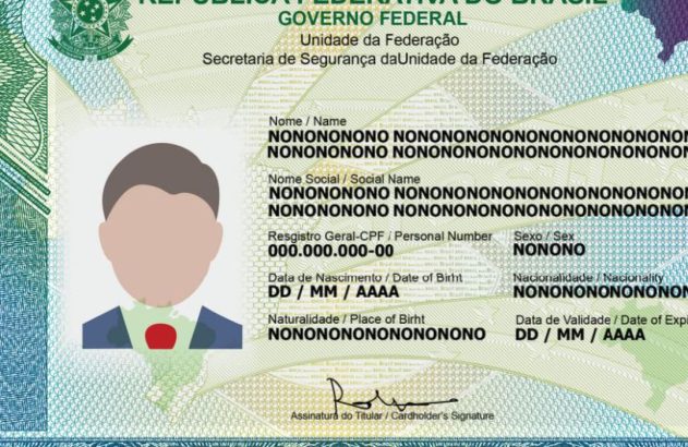 Modelo de carteira de identidade (RG) brasileira com campos de texto e numéricos preenchidos com dados genéricos.
