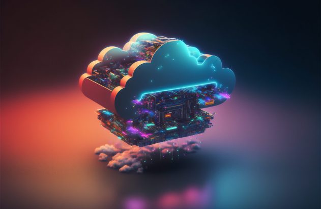 Nuvem digital futurista em tons de neon, emitindo dados e luzes vibrantes, sobre fundo escuro.