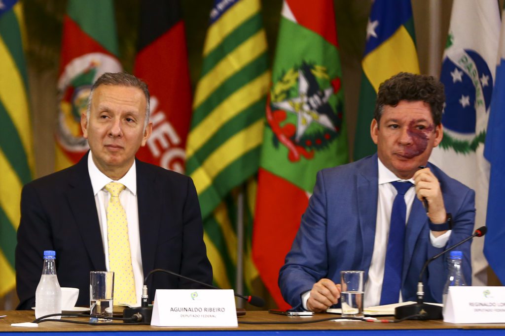 Dois deputados federais, Agnaldo Ribeiro e Reginaldo Lopes (com mancha facial), sentados em mesa de conferência com bandeiras.