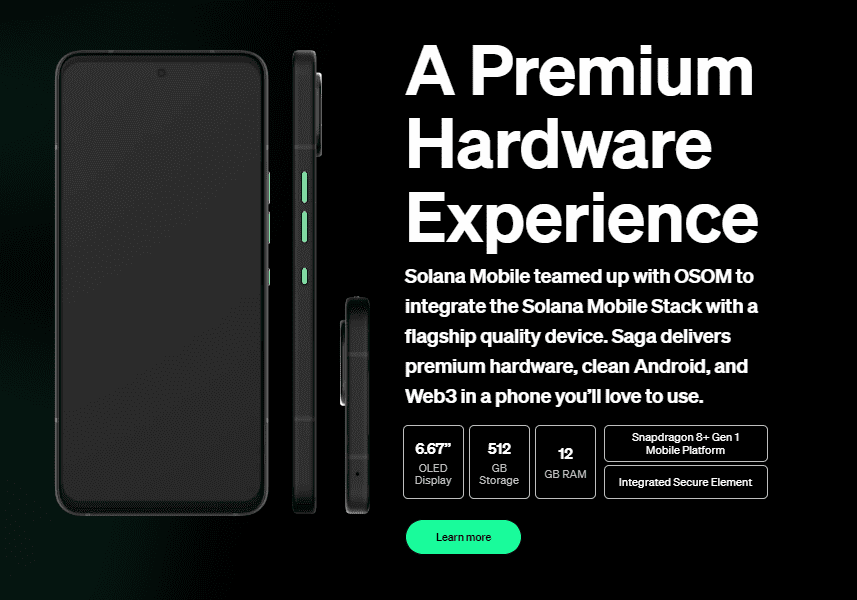 Smartphone Saga preto com detalhes verdes, promovendo uma experiência de hardware premium e Web3.