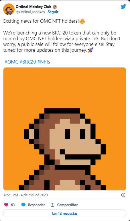 Tweet do Ordinal Monkey Club sobre novo token BRC-20, com imagem de macaco pixelado em fundo laranja.