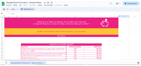 Captura de tela de uma planilha personalizada no Google Sheets com cabeçalho rosa, faixa amarela e tabela de dados.
