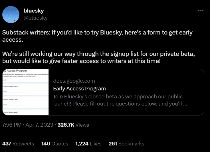 Tweet do Bluesky: convite de acesso antecipado à beta para escritores via formulário.