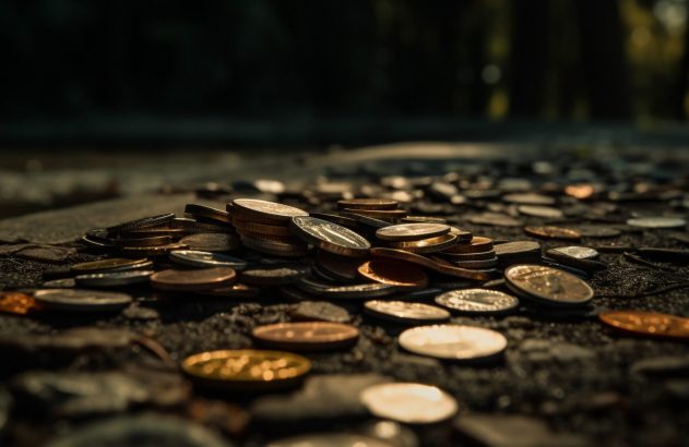 Moedas espalhadas e empilhadas sobre um chão escuro, iluminadas por luz solar