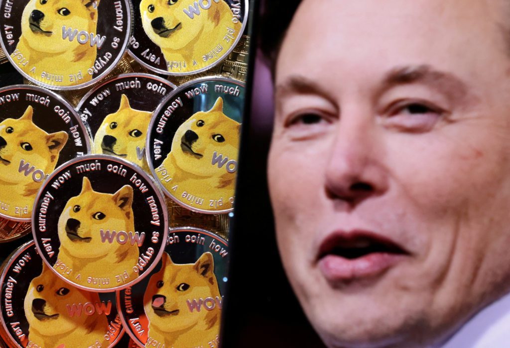 Elon Musk ao lado de moedas físicas Dogecoin, com o cão Shiba Inu e "WOW" em destaque.