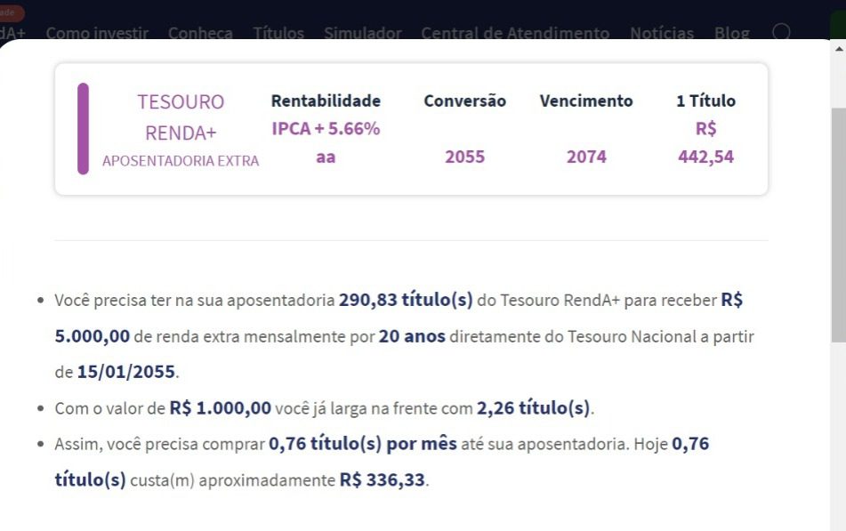 Tela de simulador Tesouro Renda+ com meta de 290,83 títulos para R$ 5.000/mês e custo mensal de R$ 336,33.