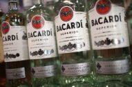 Quatro garrafas de rum Bacardi Superior com rótulos brancos e logo vermelho, alinhadas.