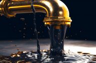 Cano dourado jorrando óleo escuro em poças, com gotas respingando.