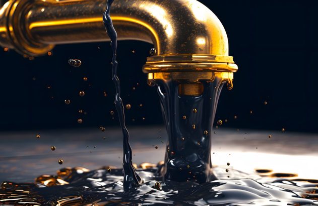 Cano dourado jorrando óleo escuro em poças, com gotas respingando.