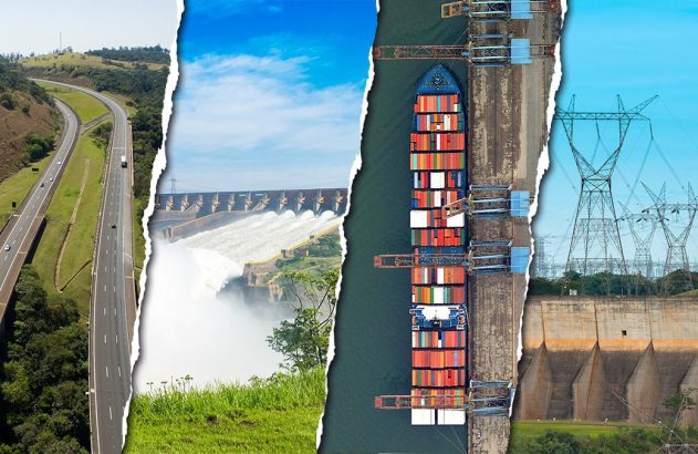 Quatro painéis: rodovia, ponte sobre rio, navio em canal e torres de energia. Representa infraestrutura.