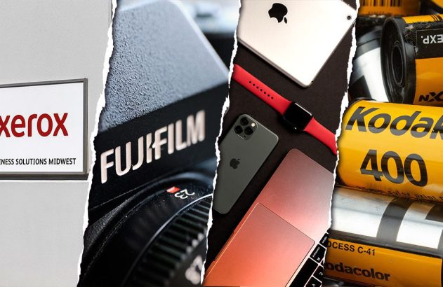 Colagem de quatro painéis: logos Xerox e Fujifilm, um smartphone e rolos de filme Kodak.