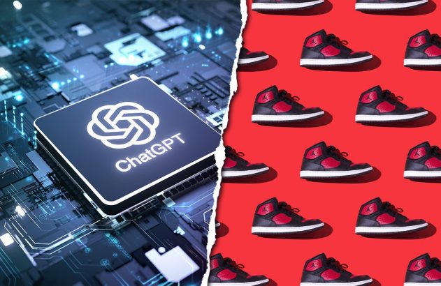 Uma imagem dividida: chip ChatGPT em circuito azul futurista e padrão de tênis pretos e vermelhos em fundo vermelho.