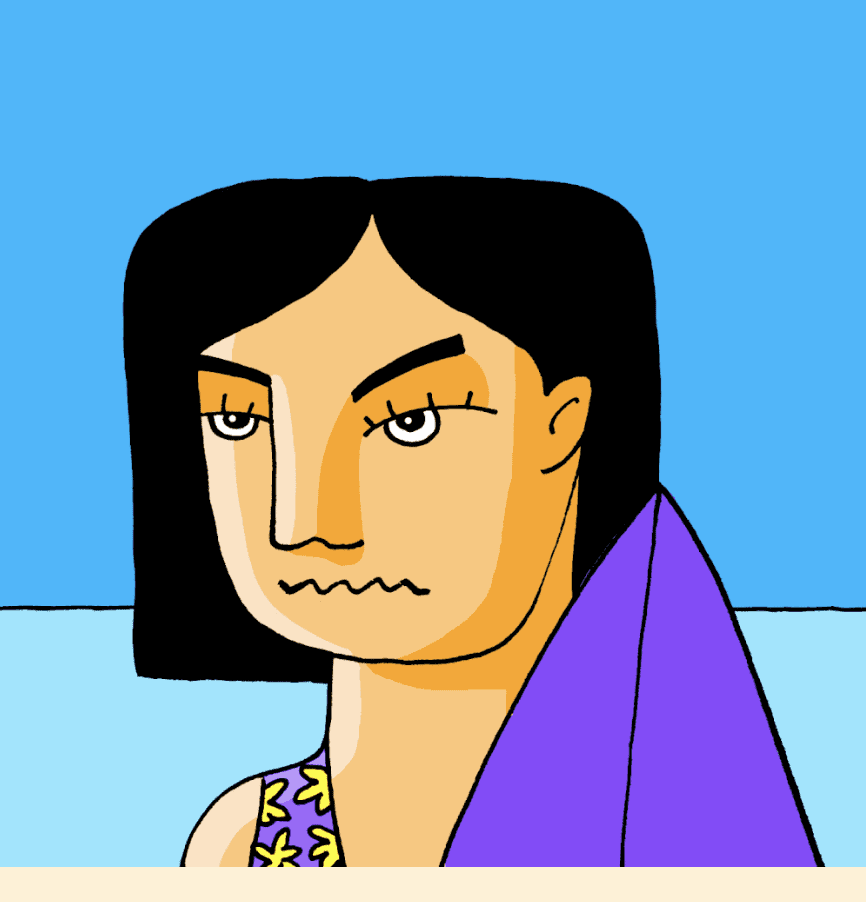 Mulher de cabelo preto com expressão brava, usando top de banho e objeto roxo no ombro. Fundo azul.