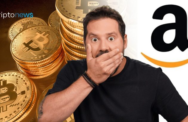 Homem surpreso cobrindo a boca, com Bitcoins e o logo da Amazon.