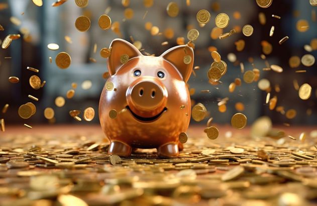Porquinho cofrinho sorridente em meio a moedas de ouro caindo e espalhadas pelo chão.