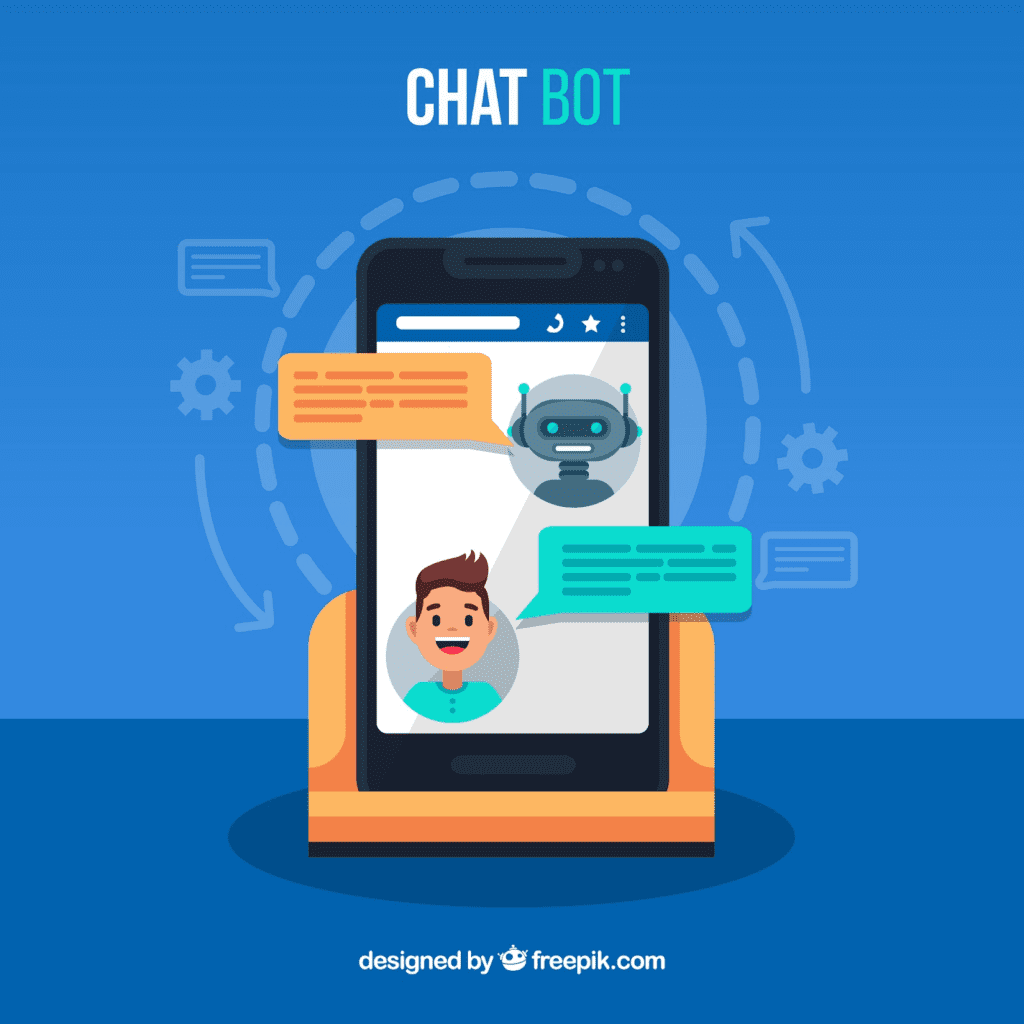 Ilustração: Celular com chat entre usuário e chatbot (robô). Balões de fala com mensagens. Título 'CHAT BOT'.