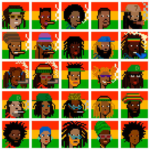 Grade de avatares pixelados de rastas com dreadlocks, alguns fumando, em fundos com cores rasta.