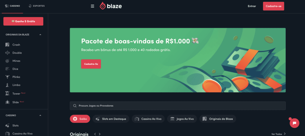 Página inicial do site Blaze, mostrando um pacote de boas-vindas de R$1.000 e jogos de cassino online.