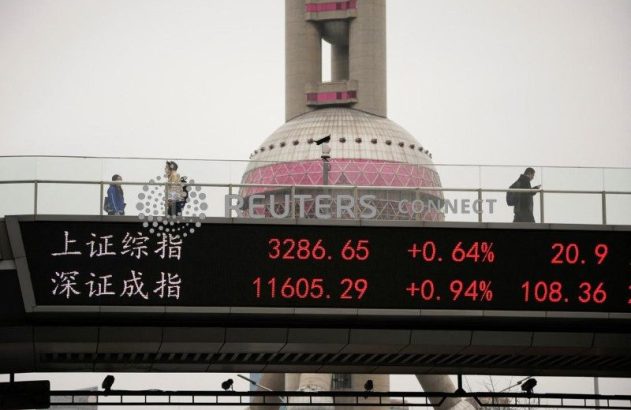 Painel eletrônico mostra cotações da bolsa de Xangai, com a Torre Pérola Oriental ao fundo e pessoas em passarela.
