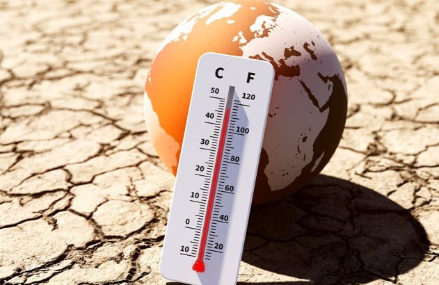 Globo terrestre laranja em solo rachado com termômetro marcando alta temperatura.