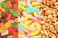 Três imagens lado a lado: ursinhos de goma, minhocas de goma azedas e amendoins.