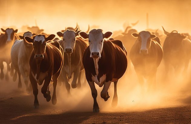 Manada de gado correndo em meio à poeira, sob luz dourada do sol.