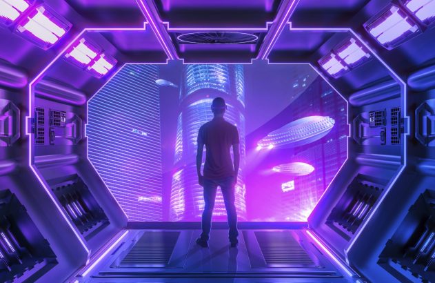 Imagem ilustrando o metaverso com um cenário de um quarto futurista com iluminação roxa