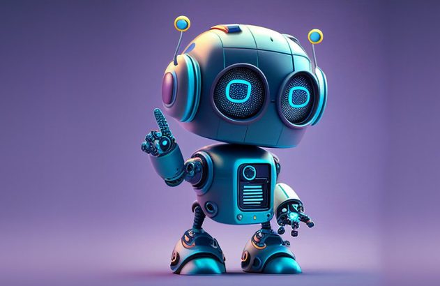 Robô azul metálico em pé, com o dedo indicador levantado, em um fundo roxo.