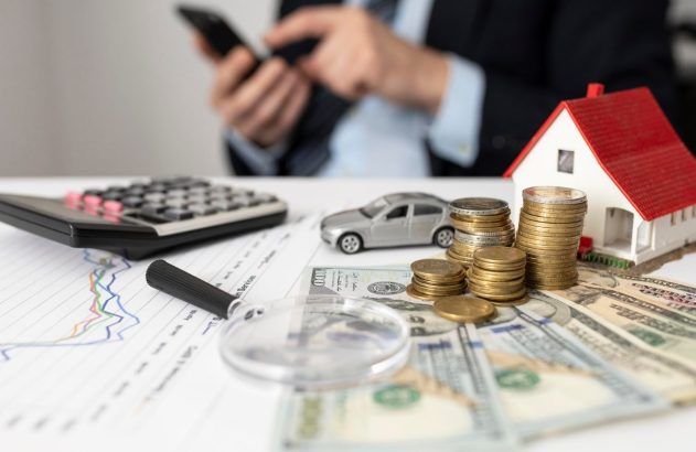 Imagem com uma pilha de moedas acima de notas de dinheiro, um gráfico em papel, uma calculadora e miniaturas de carro e casa com uma pessoa desfocada ao fundo, ilustrando o que é um consórcio