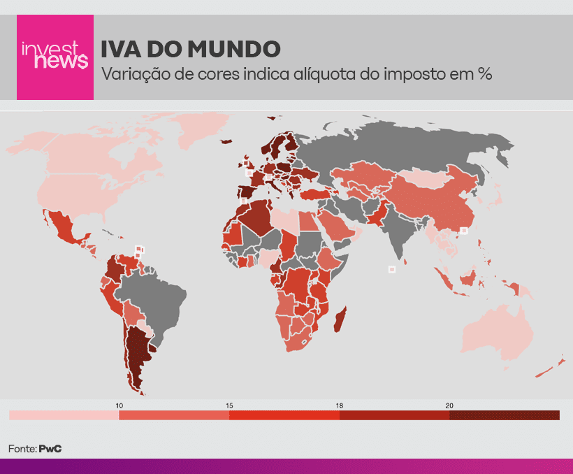 Mapa-múndi da alíquota do IVA. Cores do rosa claro ao vermelho escuro indicam a % do imposto por país.