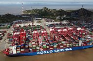Navio COSCO SHIPPING em porto, guindastes movimentam contêineres. Vasto pátio de carga e montanhas ao fundo.