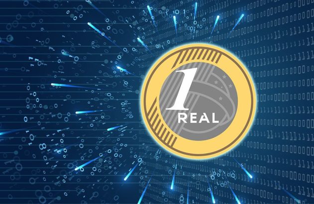 Moeda de 1 Real com fundo digital de código binário e feixes de luz, ilustrando dinheiro digital.