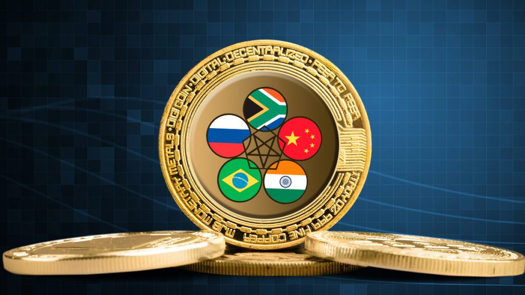 Moeda digital dourada do BRICS com bandeiras dos países membros.