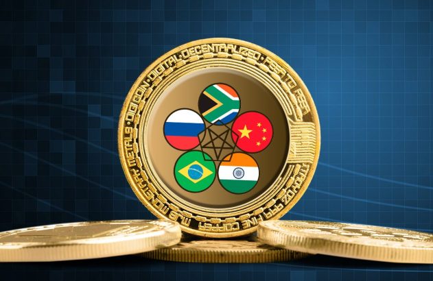 Moeda digital dourada do BRICS com bandeiras dos países membros.
