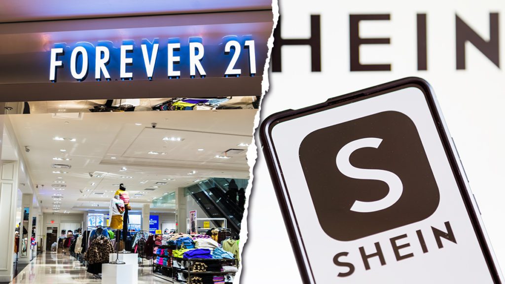 Varejo de moda: loja Forever 21 e app Shein em smartphone, imagem dividida.