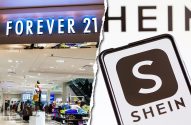 Varejo de moda: loja Forever 21 e app Shein em smartphone, imagem dividida.